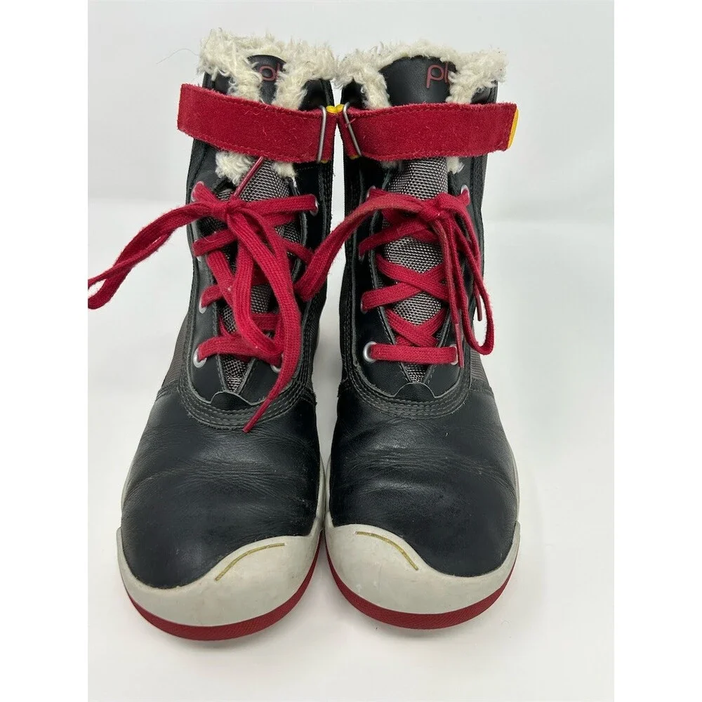 PLAE Noel Winter Snow Boots Unisex Kids Black Red Waterproof Faux Fur Size 4.5